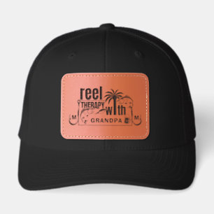 Personalized Grandpa Name Fishing Reel Therapy Leather Patch Hat