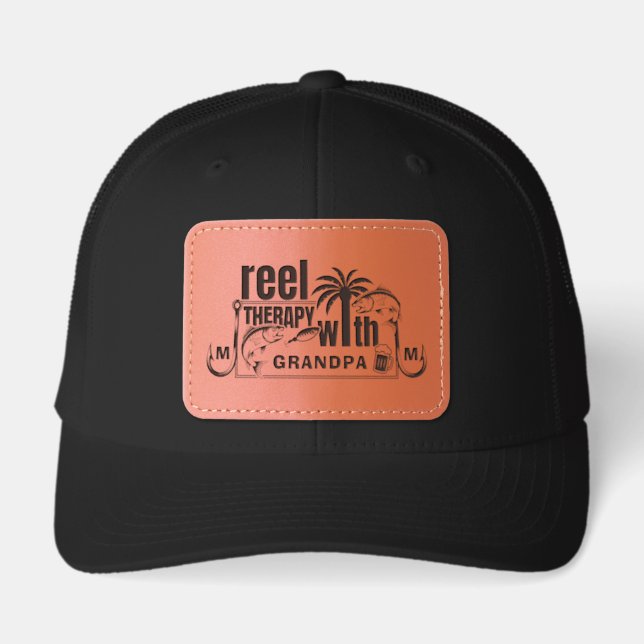 Personalized Grandpa Name Fishing Reel Therapy Leather Patch Hat (Front)