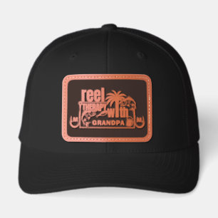Personalized Grandpa Name Fishing Reel Therapy Leather Patch Hat