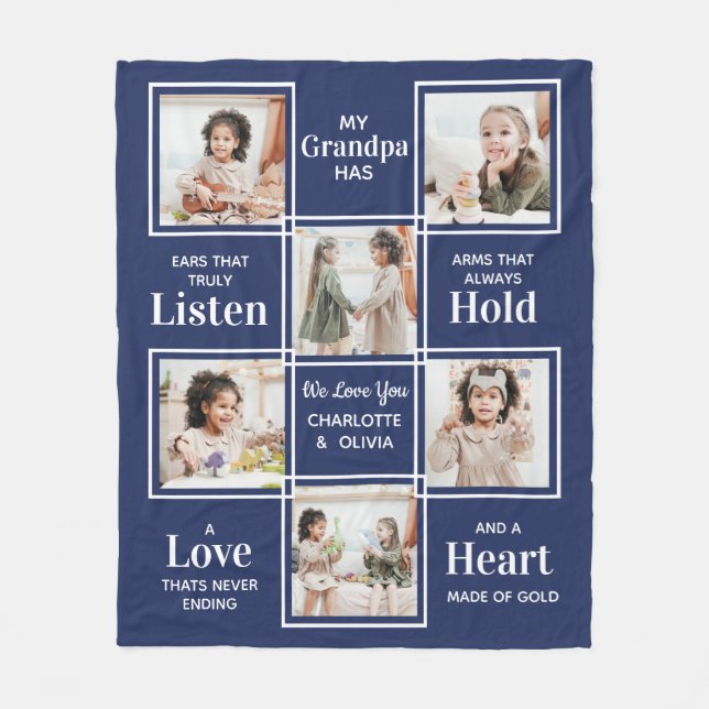 Personalized Grandpa Photo Collage Fleece Blanket (Front)