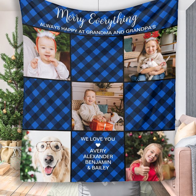 Personalized Grandparents Blue Plaid 5 Photo Fleece Blanket (Creator Uploaded)