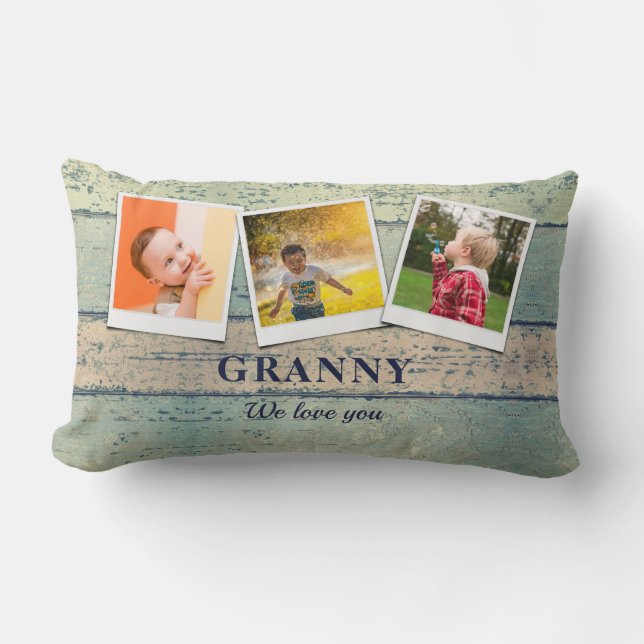 Personalized Granny Grandchildren 3 Photo Collage Lumbar Pillow (Front)