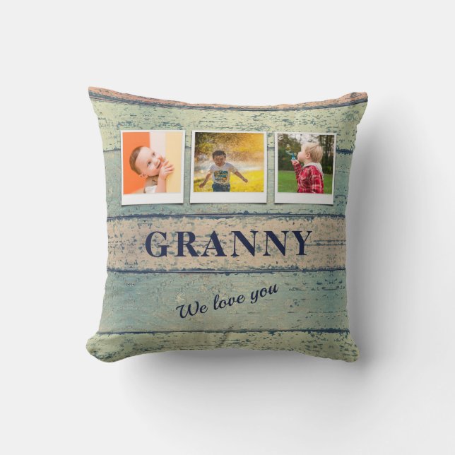Personalized Granny Grandchildren 3 Photo Collage Throw Pillow (Front)