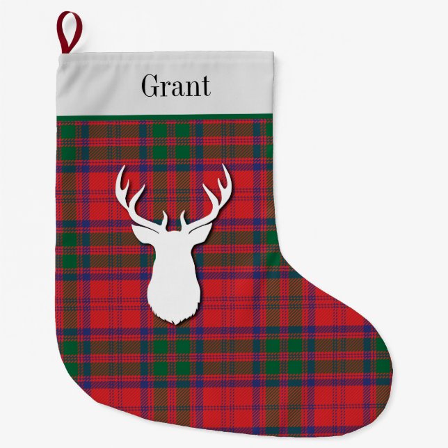 Personalized Grant Tartan Green Red Plaid Large Christmas Stocking (Front)