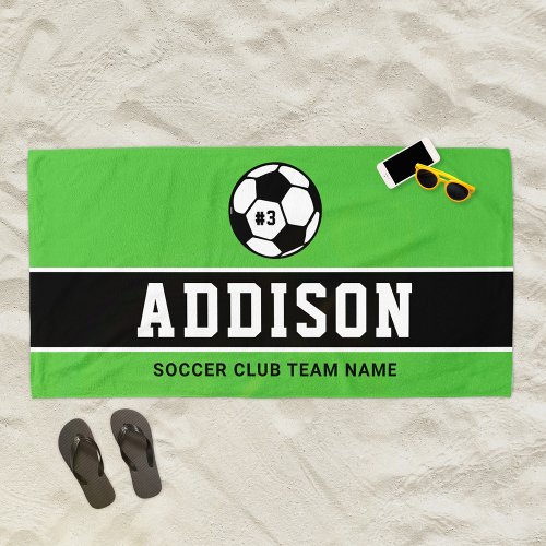 Personalized Grass Green Soccer Player Name Beach Towel