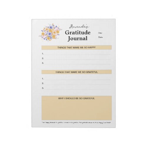Personalized Gratitude Journal Blue Gold Roses Notepad