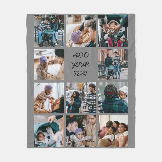 Personalized Gray 11 Photo Collage Fleece Blanket (Front)