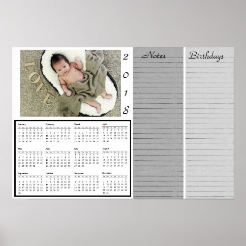 Personalized Gray 2018 Calendar with Baby Photo Poster