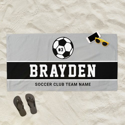 Personalized Gray and Black Soccer Player Name Beach Towel