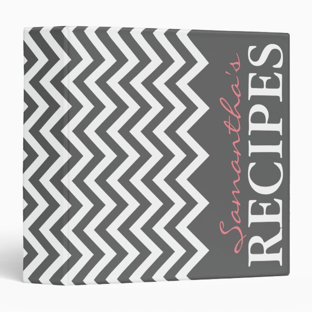 Personalized gray and coral chevron recipe binder (Front/Spine)