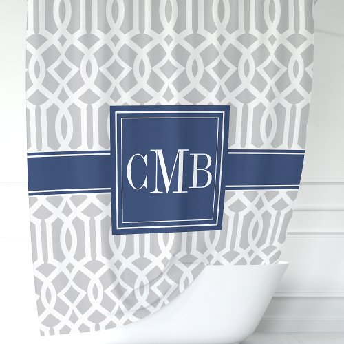 Personalized Gray And Navy Blue Moroccan Trellis Shower Curtain