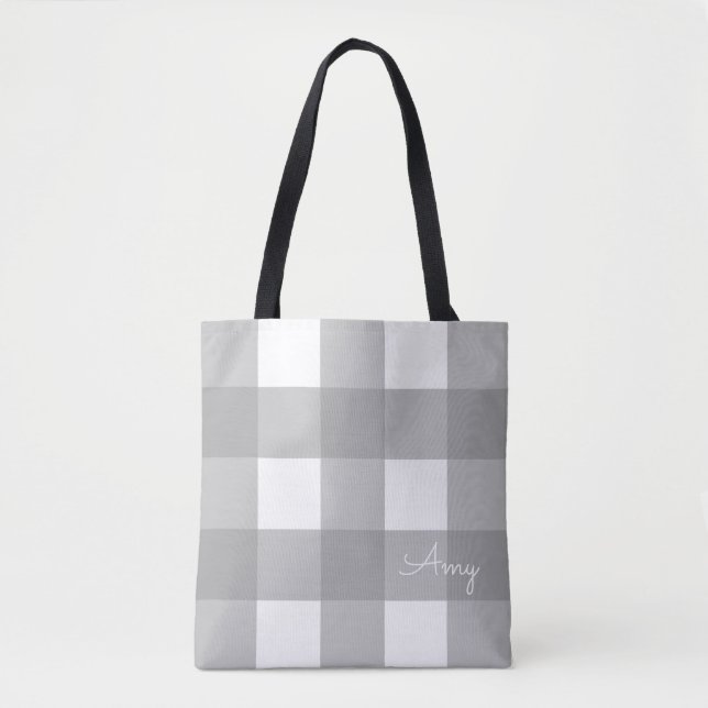 Personalized Gray and White Buffalo Check Tote Bag (Front)