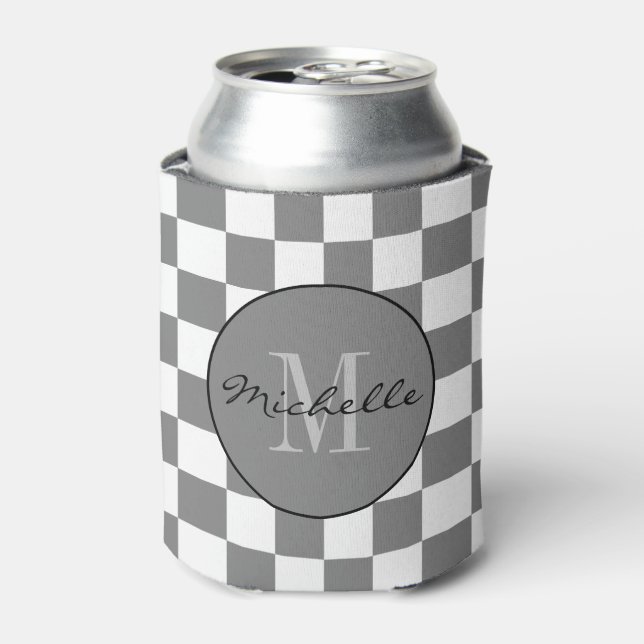 Personalized gray and white Checkerboard Pattern Can Cooler (Can Front)