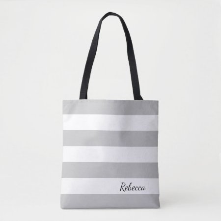 Personalized Gray And White Striped Tote