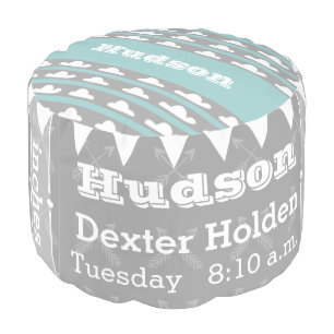 Personalized Gray Aqua Birth Record Cloud pouf