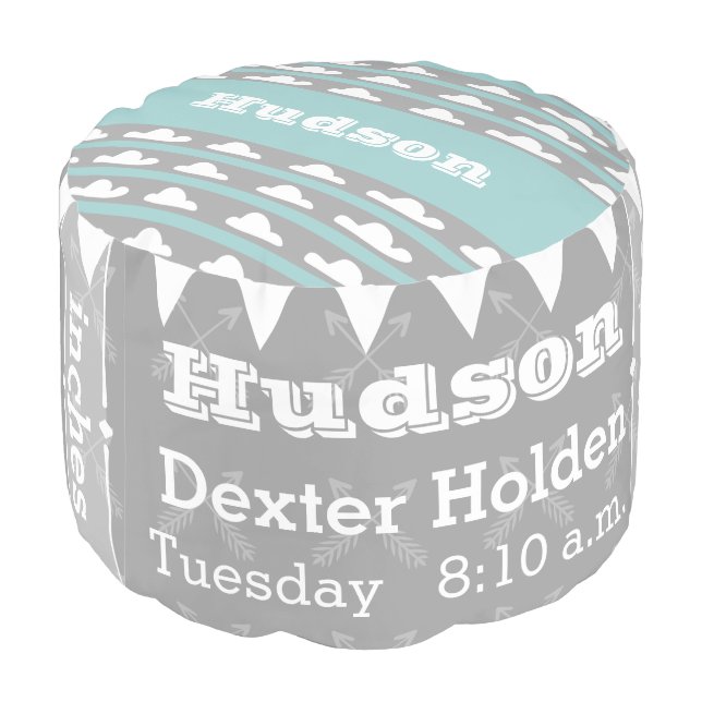 Personalized Gray Aqua Birth Record Cloud pouf (Angled Back)