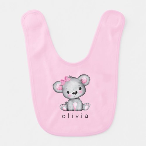 Personalized Gray Bear Girly Pink Baby Bib