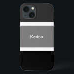 Personalized Gray Black And White Stripes Stylish iPhone 13 Case<br><div class="desc">You'll love this modern,  chic and stylish cell phone case with a gray,  black and white stripe pattern. Large black and gray stripes with small white stripes. Personalized with your name printed in a white text.</div>