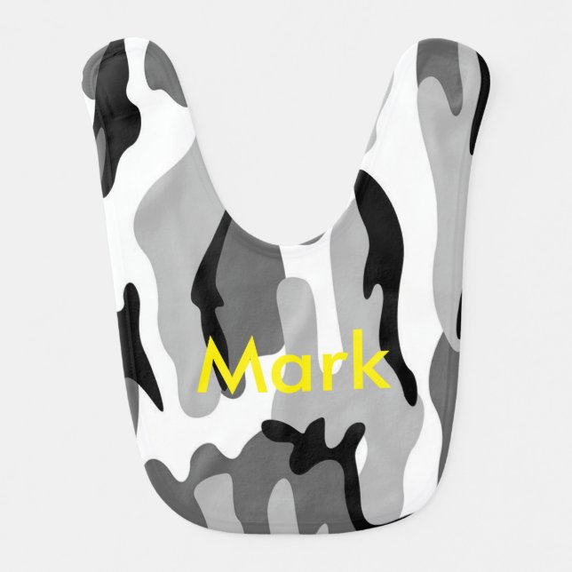 Personalized Gray & Black Camouflage Baby Bib (Front)