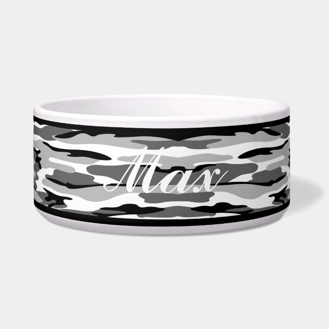 Personalized Gray & Black Camouflage Pet Bowl (Front)