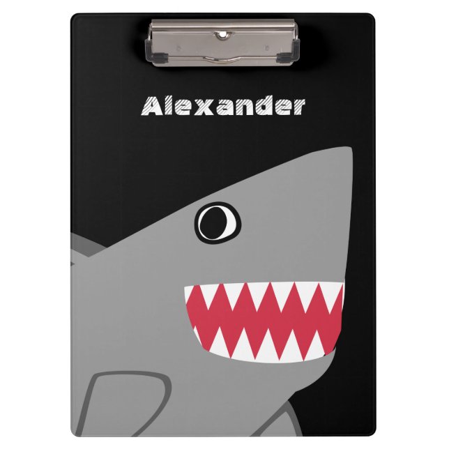 Personalized Gray Black Cartoon Cute Shark Kids Clipboard (Front)