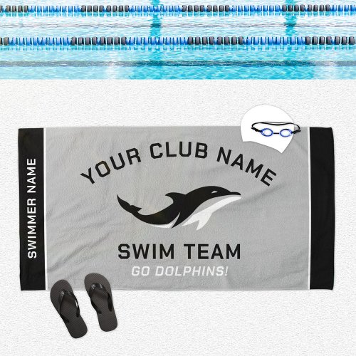 Personalized Gray Black Swim Team Swimmer Name Beach Towel