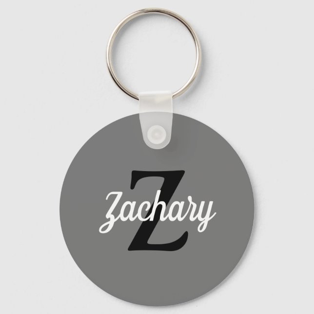 Personalized Gray Black White Retro Monogram Keychain (Front)