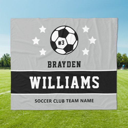 Personalized Gray Black White Soccer Player Name Fleece Blanket