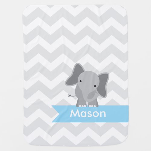 Personalized Gray Blue Chevron Elephant Receiving Blanket
