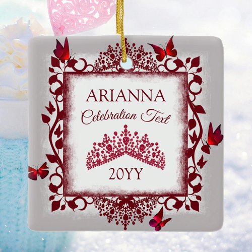 Personalized Gray, Burgundy Red Tiara, Butterfly Ceramic Ornament