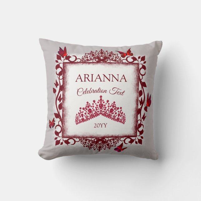 Personalized Gray, Burgundy Red Tiara, Butterfly Throw Pillow (Front)