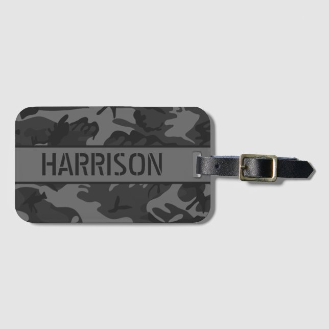 Personalized Gray Camo Luggage Tag (Front Horizontal)