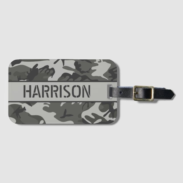 Personalized Gray Camo Luggage Tag (Front Horizontal)