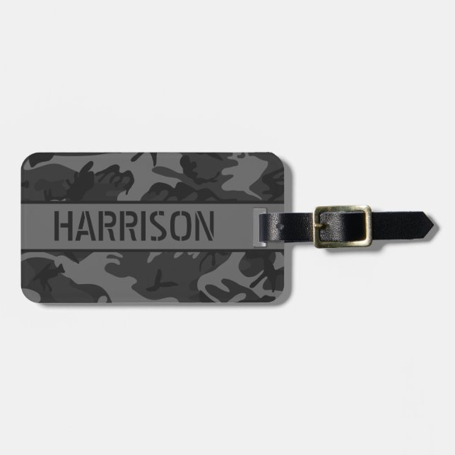 Personalized Gray Camo Luggage Tag (Front Horizontal)