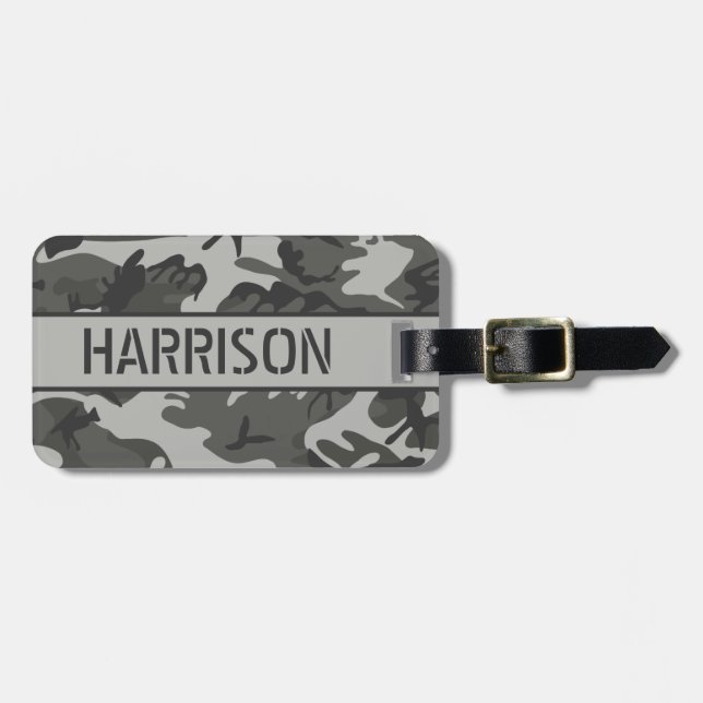 Personalized Gray Camo Luggage Tag (Front Horizontal)