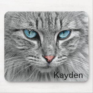 Personalized Gray Cat with Blue Eyes Mouse Pad