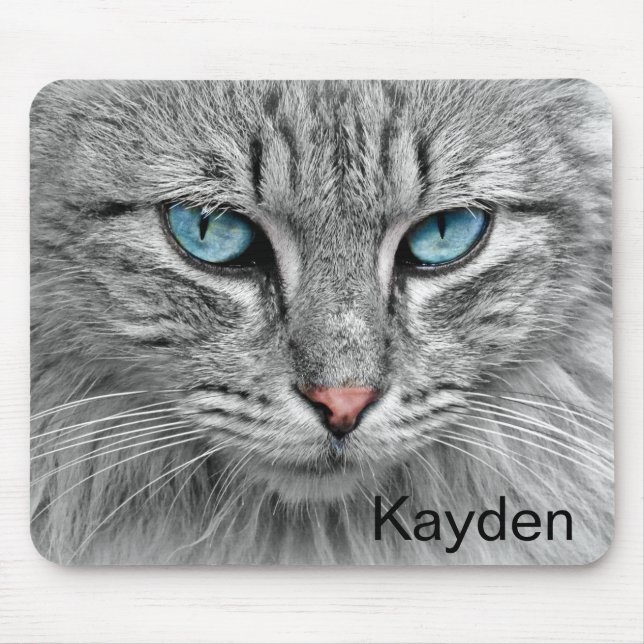 Personalized Gray Cat with Blue Eyes Mouse Pad (Front)