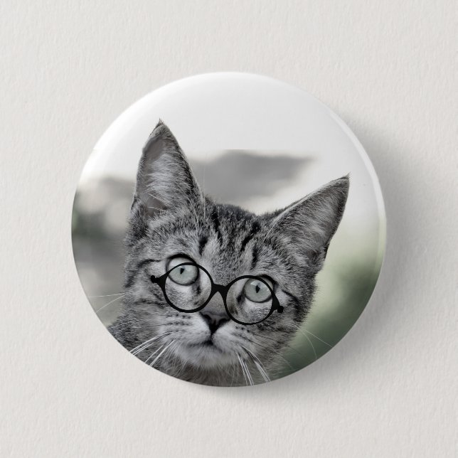 Personalized Gray Cat with Glasses Button (Front)