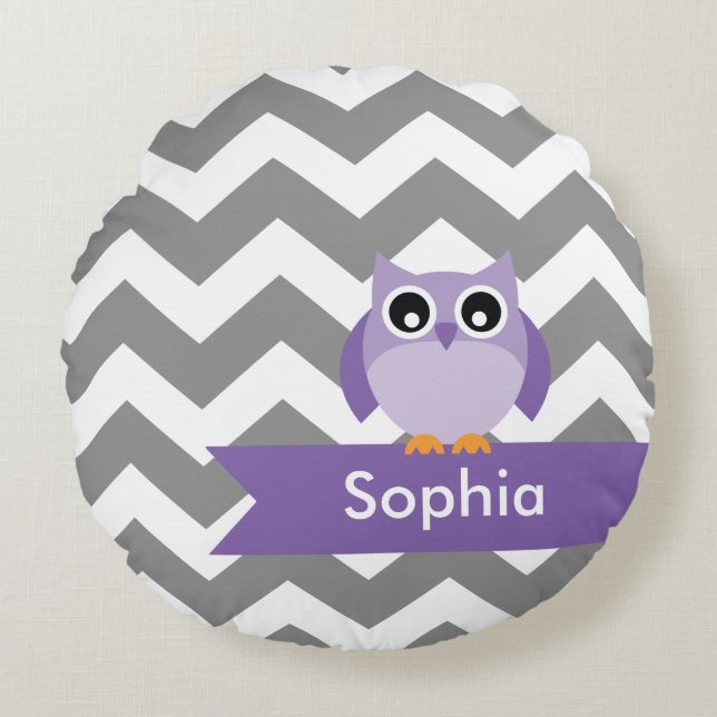 Personalized Gray Chevron Purple Owl Round Pillow (Front)