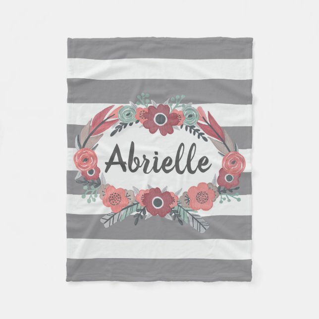 Personalized Gray, coral floral Fleece Blanket (Front)