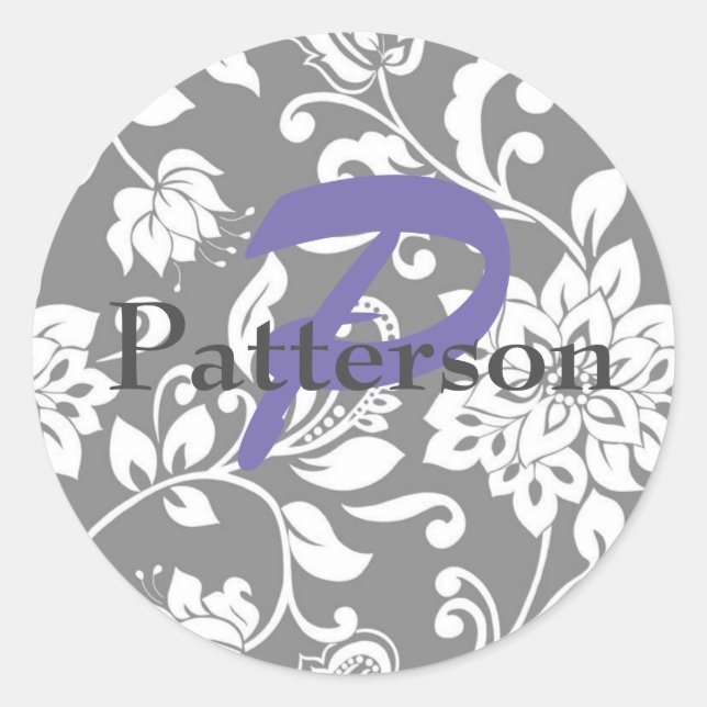 Personalized Gray Damask Stickers & Envelope Seals (Front)