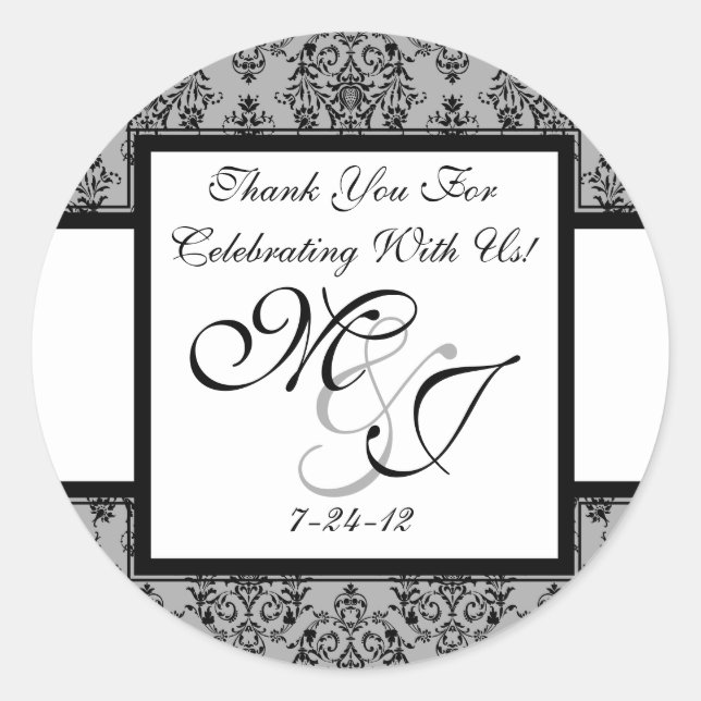 Personalized Gray Damask Wedding Favor Labels (Front)