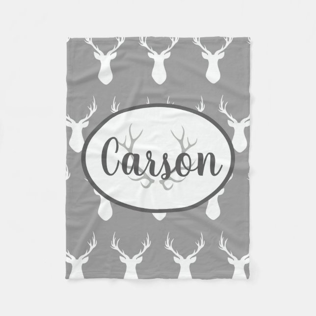 Personalized Gray Deer Silhouette Fleece blanket (Front)