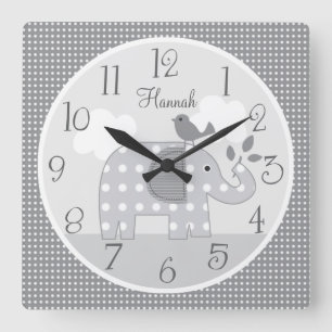 Personalized Gray Dot Elephant Nursery Baby Clock