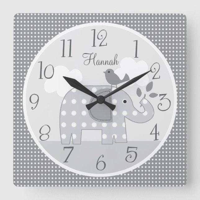 Personalized Gray Dot Elephant Nursery Baby Clock (Front)