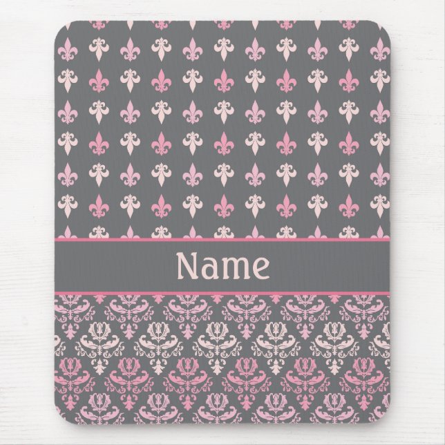 Personalized Gray Fleur de Lis Damask Pattern Mouse Pad (Front)