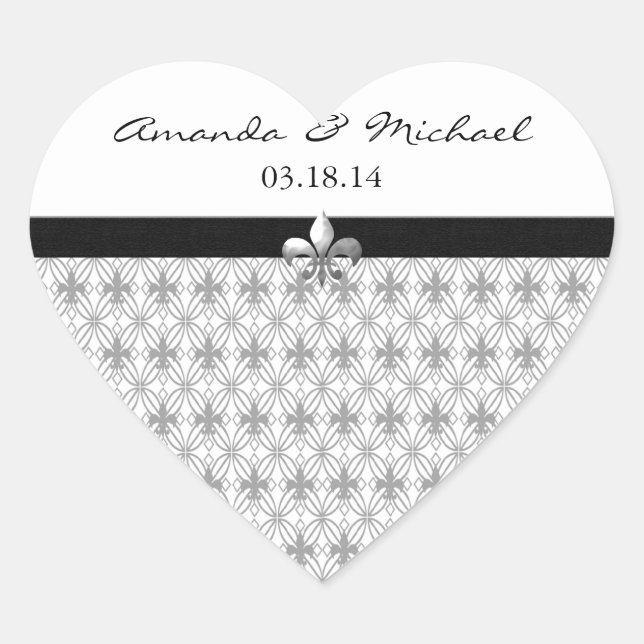 Personalized Gray Fleur de Lis Heart Stickers (Front)