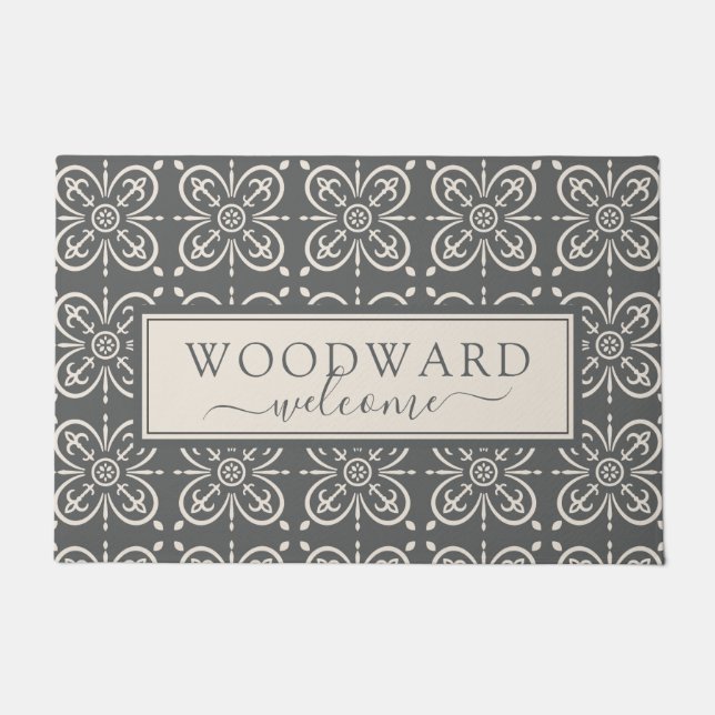Personalized Gray Geometric Tile Pattern Welcome Doormat (Front)