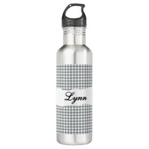 Personalized Gray Gingham Pattern & Custom Name Stainless Steel Water Bottle
