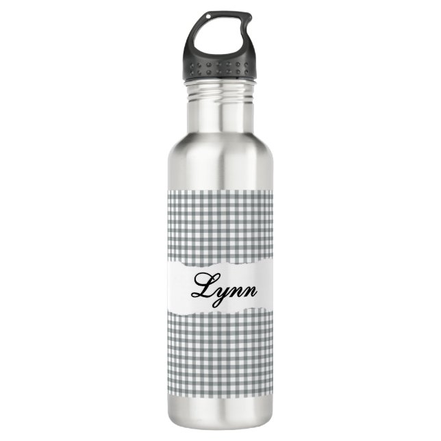 Personalized Gray Gingham Pattern & Custom Name Stainless Steel Water Bottle (Front)